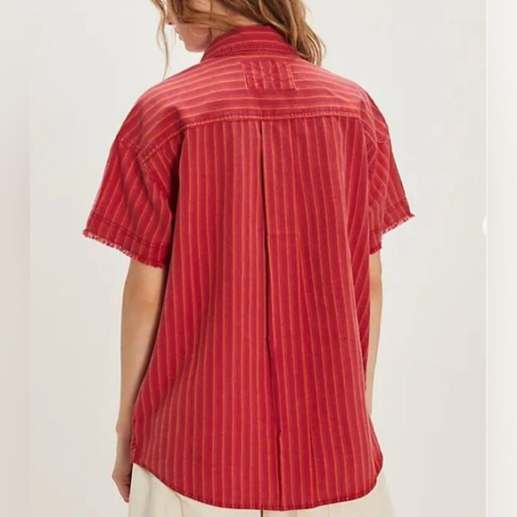 #285 NWT Free People Christopher Linen Shirt in Red Combo - Picture 2 of 5